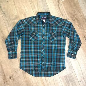 Vintage Wrangler Pearl Snap Long Sleeve Shirt X-Long Tails 16.5-34 Mens Large
